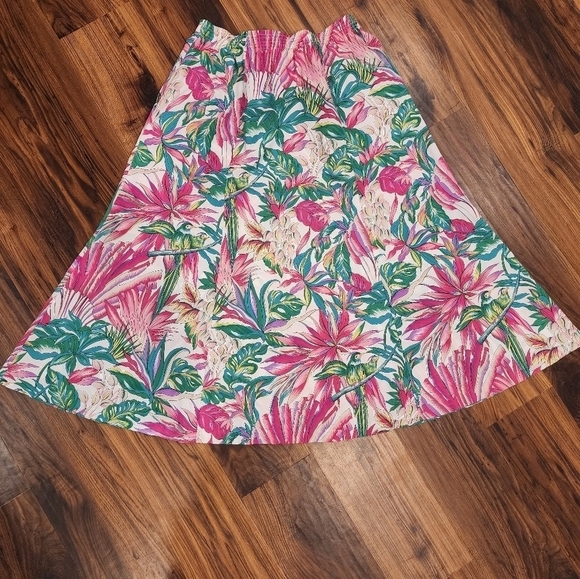 Vtg Pykettes Hawaiian Floral Bird Midi Skirt with Pockets - Picture 2 of 11